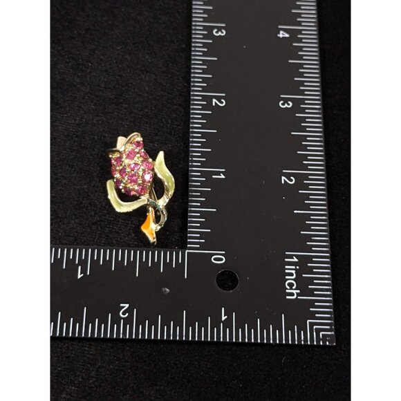 Vintage Pink Rhinestone Pave Tulip Flower Gold Tone Pin Brooch - Picture 6 of 6